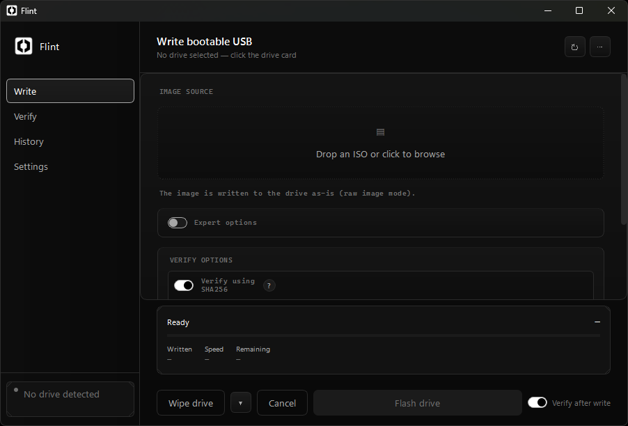 Flint flashing an ISO image to a USB drive and verifying the result